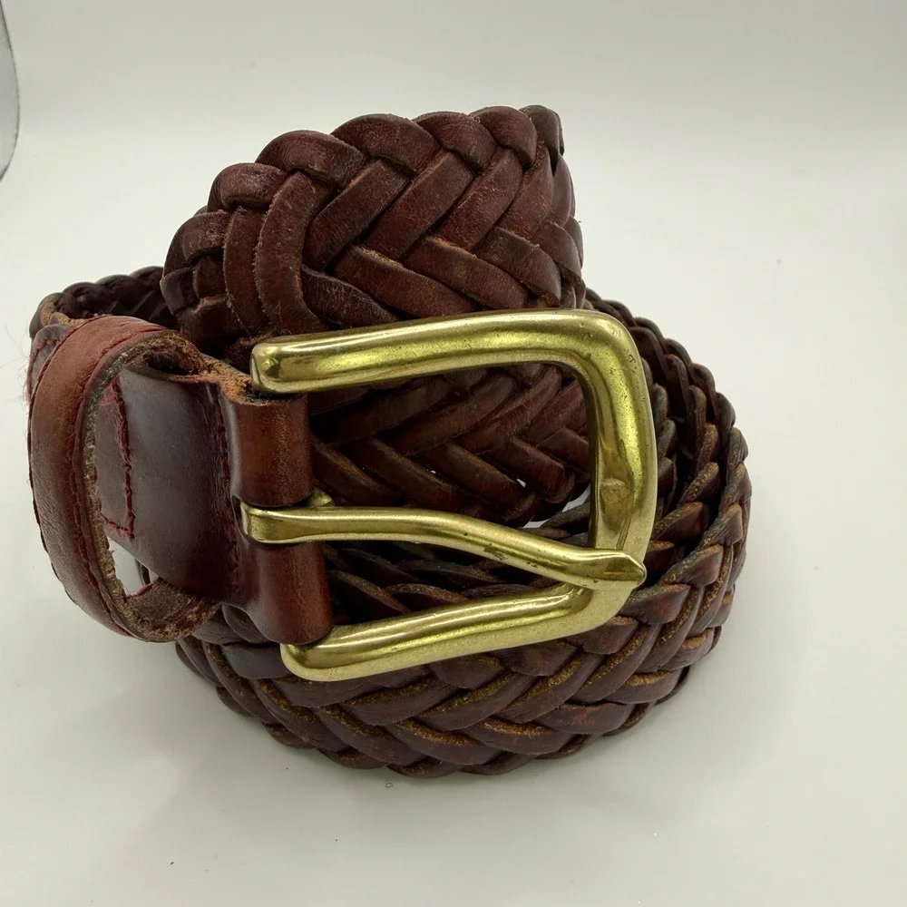 Toneka Braided Belt Mens 52 Brown Full Grain Leather Solid Brass Buckle